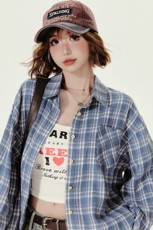 Loose Blue Plaid Shirt Jacket for Women - American College Style, Autumn Collection, Age-Reducing Casual Top