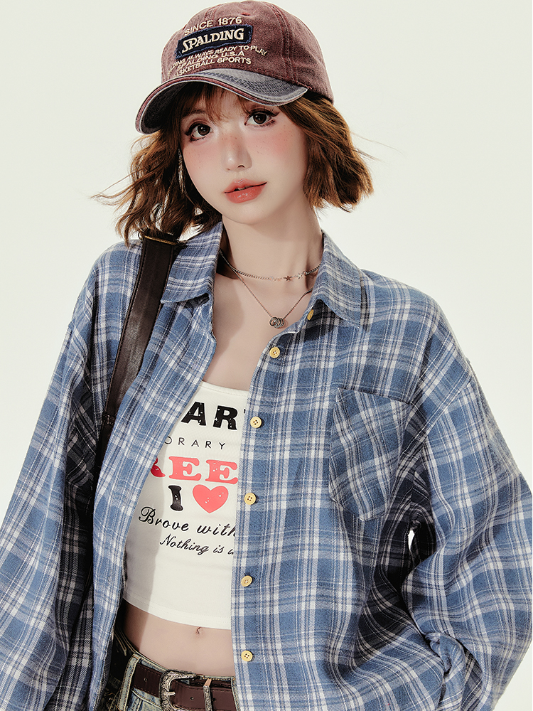 Loose Blue Plaid Shirt Jacket for Women - American College Style, Autumn Collection, Age-Reducing Casual Top Loose Blue Plaid Shirt Jacket for Women - American College Style, Autumn Collection, Age-Reducing Casual Top
