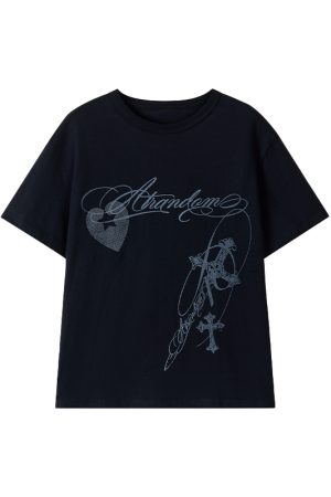 Loose Casual Black and White Short Sleeve T-Shirt with Text Print - Round Neck, Trendy Street Style, Everyday Essential