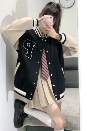 Loose College Style Women's Baseball Jacket - 2023 Spring Autumn American Cotton-Padded Top for Students, Casual Fashion Outerwear