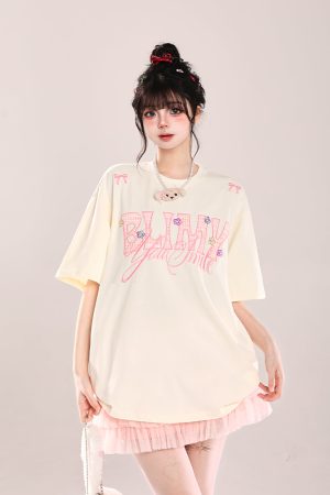 Loose Fit American-Style Letter Embroidery Short Sleeve T-Shirt for Women - Summer 2025 Korean Style, Slimming and Chic
