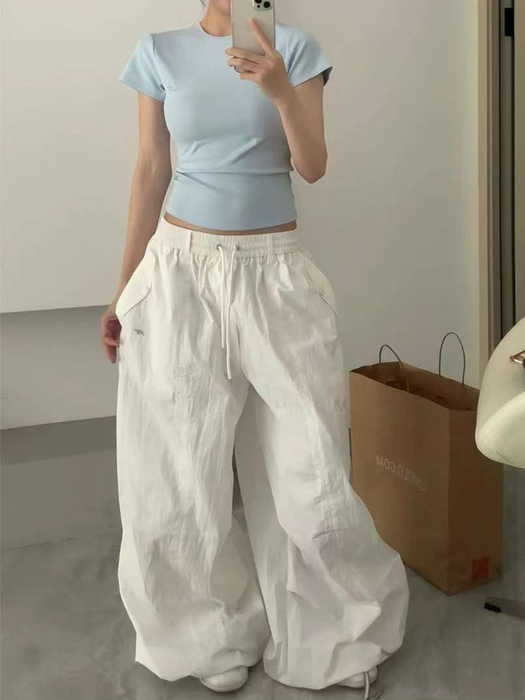Loose-Fit Elastic Waist Parachute Cargo Pants for Women - Wide-Leg, Wrinkled, Floor-Length, Casual Sports Style Loose-Fit Elastic Waist Parachute Cargo Pants for Women - Wide-Leg, Wrinkled, Floor-Length, Casual Sports Style
