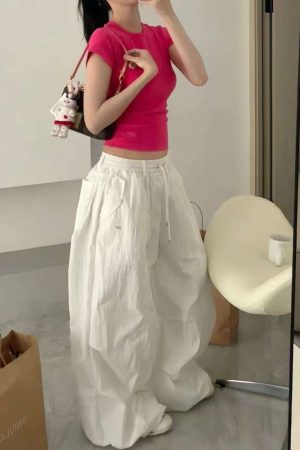 Loose-Fit Elastic Waist Parachute Cargo Pants for Women - Wide-Leg, Wrinkled, Floor-Length, Casual Sports Style