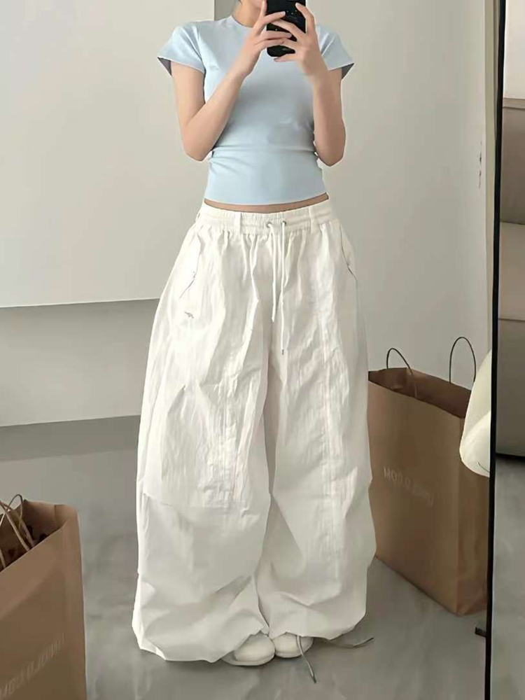 Loose-Fit Elastic Waist Parachute Cargo Pants for Women - Wide-Leg, Wrinkled, Floor-Length, Casual Sports Style Loose-Fit Elastic Waist Parachute Cargo Pants for Women - Wide-Leg, Wrinkled, Floor-Length, Casual Sports Style