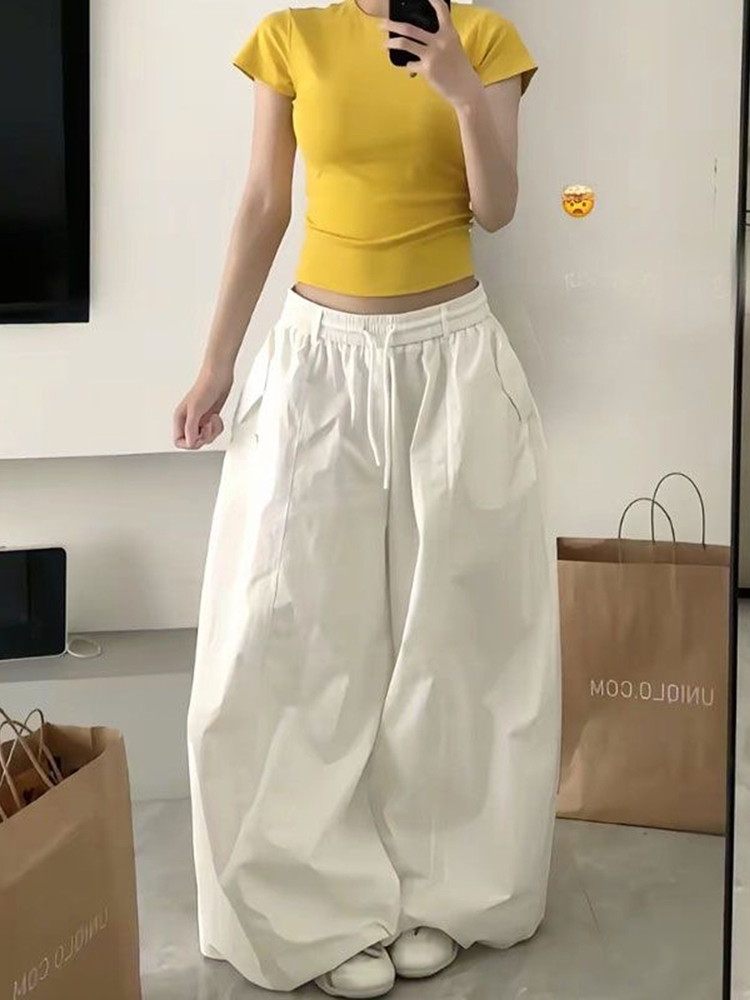 Loose-Fit Elastic Waist Parachute Cargo Pants for Women - Wide-Leg, Wrinkled, Floor-Length, Casual Sports Style Loose-Fit Elastic Waist Parachute Cargo Pants for Women - Wide-Leg, Wrinkled, Floor-Length, Casual Sports Style