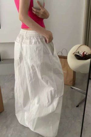Loose-Fit Elastic Waist Parachute Cargo Pants for Women - Wide-Leg, Wrinkled, Floor-Length, Casual Sports Style