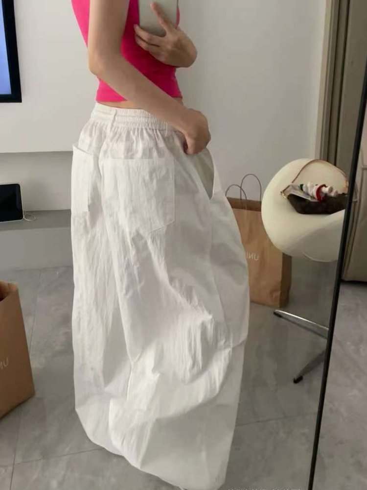 Loose-Fit Elastic Waist Parachute Cargo Pants for Women - Wide-Leg, Wrinkled, Floor-Length, Casual Sports Style Loose-Fit Elastic Waist Parachute Cargo Pants for Women - Wide-Leg, Wrinkled, Floor-Length, Casual Sports Style