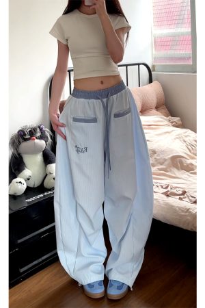 Loose Fit Striped Curved Knife Work Pants for Women - Versatile Wide-Leg Jazz Dance Casual Trousers in American Street Style