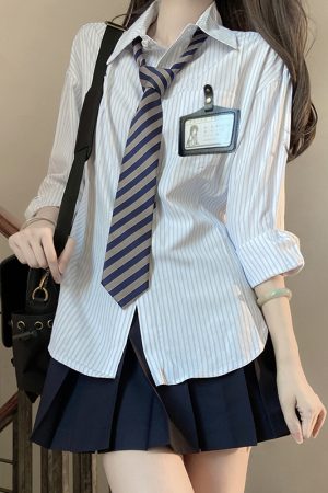Loose Fit Striped Shirt with Tie | JK Uniform School Style Summer Blue Top for Women