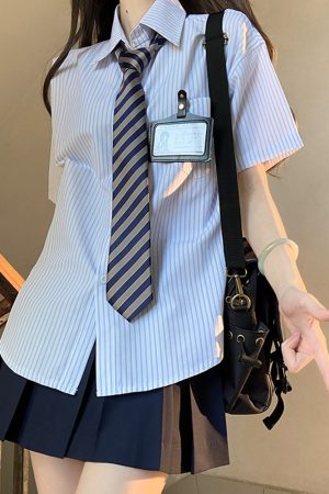 Loose Fit Striped Shirt with Tie | JK Uniform School Style Summer Blue Top for Women