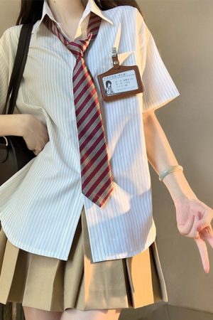 Loose Fit Striped Shirt with Tie | JK Uniform School Style Summer Blue Top for Women