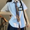Loose Fit Striped Shirt with Tie | JK Uniform School Style Summer Blue Top for Women