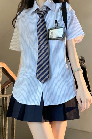 Loose Fit Striped Shirt with Tie | JK Uniform School Style Summer Blue Top for Women