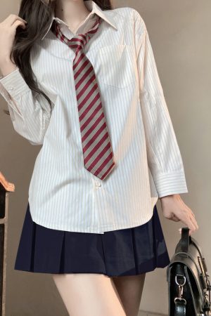 Loose Fit Striped Shirt with Tie | JK Uniform School Style Summer Blue Top for Women