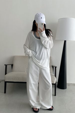 Loose Fit Wide Neckline Long Sleeve T-Shirt Cover-Up in Sun Grapefruit Coral - Relaxed Two-Piece Style for Effortless Y2K Fashion