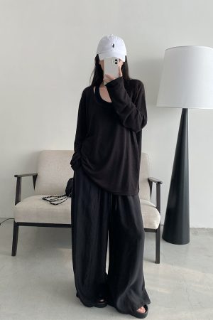 Loose Fit Wide Neckline Long Sleeve T-Shirt Cover-Up in Sun Grapefruit Coral - Relaxed Two-Piece Style for Effortless Y2K Fashion