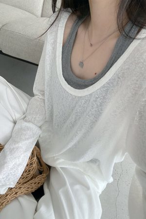 Loose Fit Wide Neckline Long Sleeve T-Shirt Cover-Up in Sun Grapefruit Coral - Relaxed Two-Piece Style for Effortless Y2K Fashion