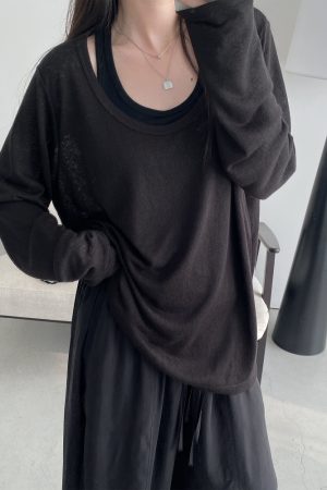 Loose Fit Wide Neckline Long Sleeve T-Shirt Cover-Up in Sun Grapefruit Coral - Relaxed Two-Piece Style for Effortless Y2K Fashion