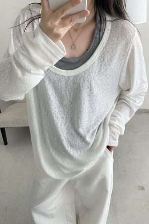 Loose Fit Wide Neckline Long Sleeve T-Shirt Cover-Up in Sun Grapefruit Coral - Relaxed Two-Piece Style for Effortless Y2K Fashion