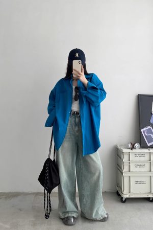 Loose-Fitting Oversized Shirt in Pink and Blue - Flattering High-End Relaxed Fit for Spring and Autumn Fashion