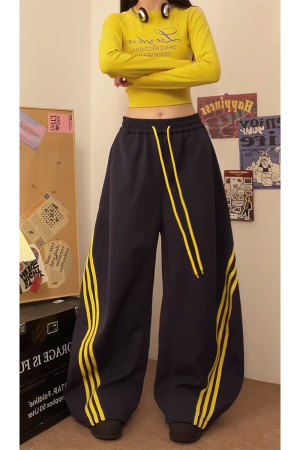 Loose-Fitting Striped Wide-Leg Work Pants for Women - Casual Spring Jazz Trousers, High Street Style