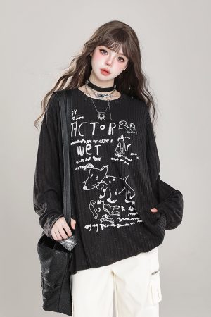 Loose Long Sleeve T-Shirt for Women - Cartoon Graffiti Design, Lightweight Summer Cover-Up, American Lazy Style, Sun Protection Outerwear