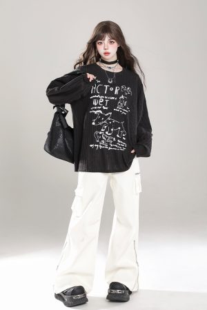 Loose Long Sleeve T-Shirt for Women - Cartoon Graffiti Design, Lightweight Summer Cover-Up, American Lazy Style, Sun Protection Outerwear