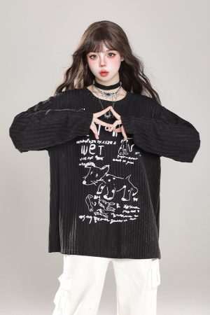 Loose Long Sleeve T-Shirt for Women - Cartoon Graffiti Design, Lightweight Summer Cover-Up, American Lazy Style, Sun Protection Outerwear