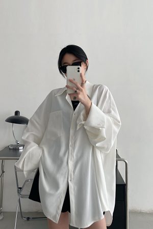 Loose Long Sleeve White Shirt for Women - Unique Sun Grapefruit Design, French Style, Perfect for Spring and Autumn Outerwear