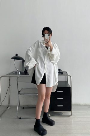 Loose Long Sleeve White Shirt for Women - Unique Sun Grapefruit Design, French Style, Perfect for Spring and Autumn Outerwear