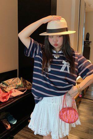 Loose Plus Size Bow Tie Striped T-Shirt for Women - Short Sleeve 2025 Spring Summer Fashion Top