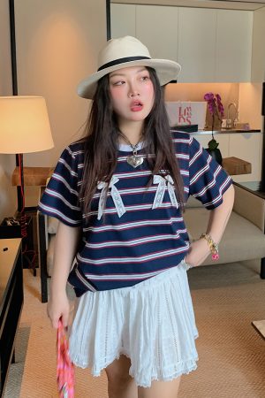 Loose Plus Size Bow Tie Striped T-Shirt for Women - Short Sleeve 2025 Spring Summer Fashion Top