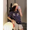 Loose Plus Size Bow Tie Striped T-Shirt for Women - Short Sleeve 2025 Spring Summer Fashion Top