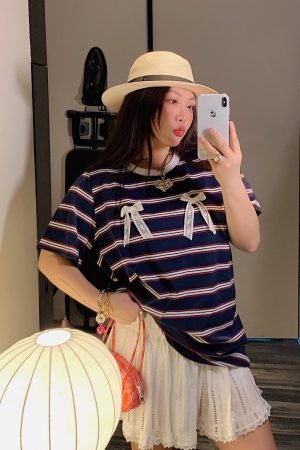 Loose Plus Size Bow Tie Striped T-Shirt for Women - Short Sleeve 2025 Spring Summer Fashion Top