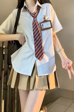 Loose Short Sleeve Blue Striped Shirt Top for Women - Pudding Bear Inspired JK Style Summer Fashion 2024