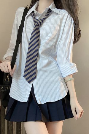 Loose Short Sleeve Blue Striped Shirt Top for Women - Pudding Bear Inspired JK Style Summer Fashion 2024