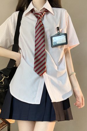 Loose Short Sleeve Blue Striped Shirt Top for Women - Pudding Bear Inspired JK Style Summer Fashion 2024