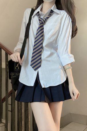 Loose Short Sleeve Blue Striped Shirt Top for Women - Pudding Bear Inspired JK Style Summer Fashion 2024