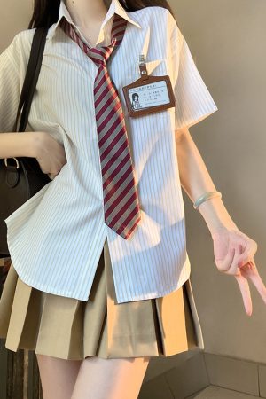 Loose Short Sleeve Blue Striped Shirt Top for Women - Pudding Bear Inspired JK Style Summer Fashion 2024