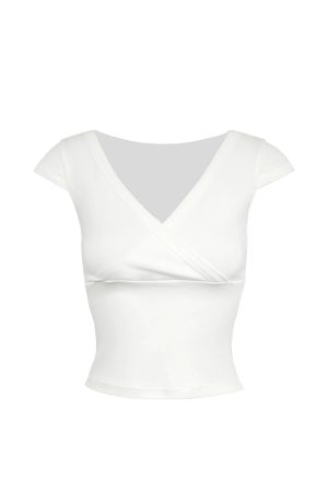 Low-Cut Cross V-Neck Short Sleeve Fitted Stretchy Top - Y2K Style Casual Wear
