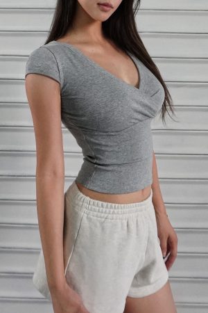 Low-Cut Cross V-Neck Short Sleeve Fitted Stretchy Top - Y2K Style Casual Wear