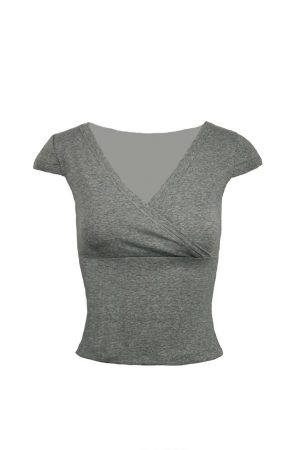 Low-Cut Cross V-Neck Short Sleeve Fitted Stretchy Top - Y2K Style Casual Wear