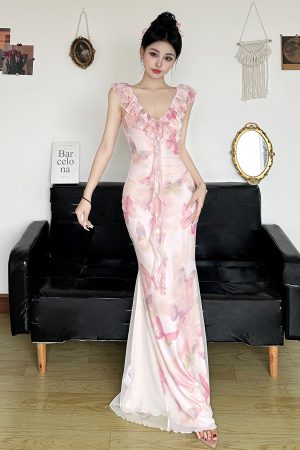 Low-Neck Fitted Butterfly Long Dress for Women - Rose Valley Vacation Style with Mesh Splicing, Perfect for Summer and Y2K Fashion