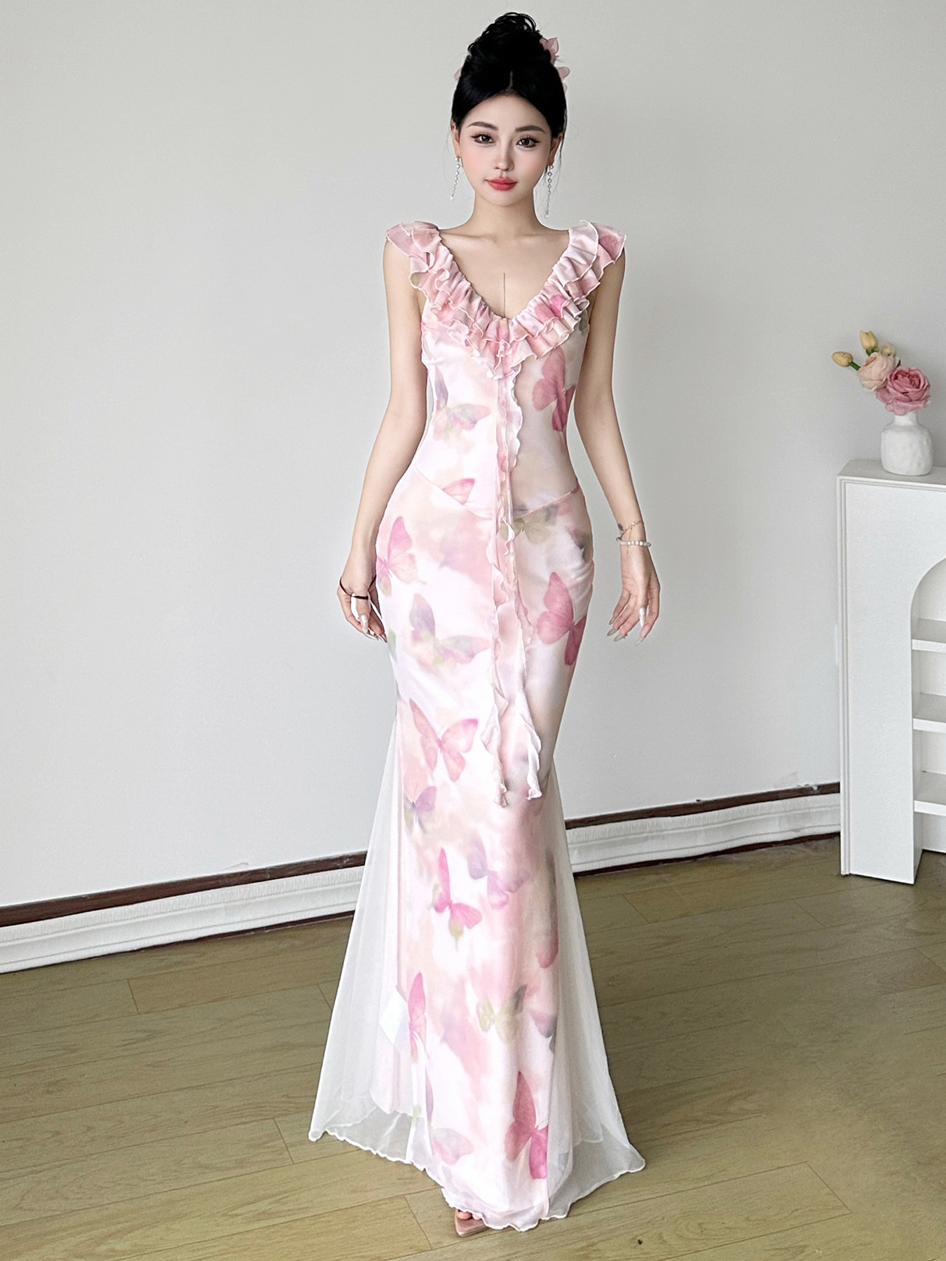 Low-Neck Fitted Butterfly Long Dress for Women - Rose Valley Vacation Style with Mesh Splicing, Perfect for Summer and Y2K Fashion Low-Neck Fitted Butterfly Long Dress for Women - Rose Valley Vacation Style with Mesh Splicing, Perfect for Summer and Y2K Fashion