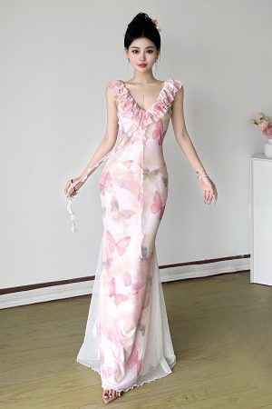 Low-Neck Fitted Butterfly Long Dress for Women - Rose Valley Vacation Style with Mesh Splicing, Perfect for Summer and Y2K Fashion