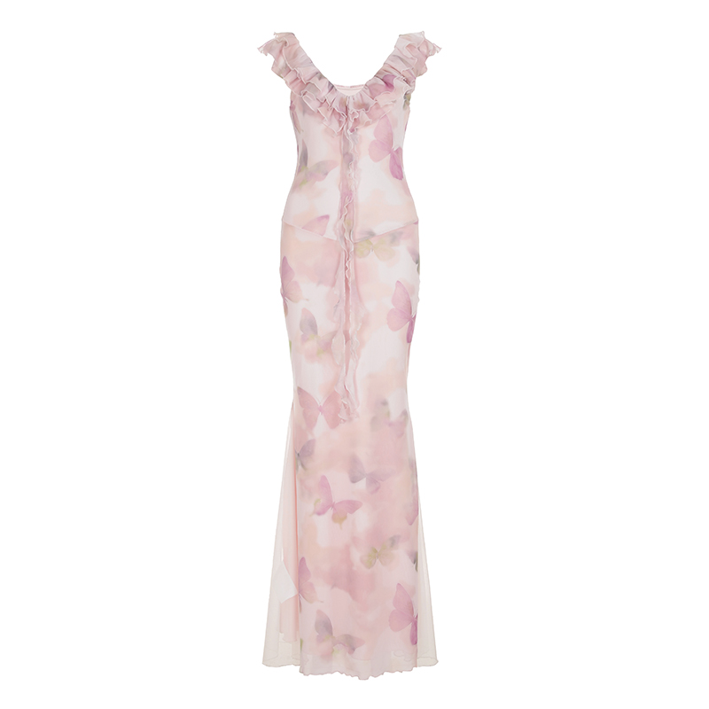 Low-Neck Fitted Butterfly Long Dress for Women - Rose Valley Vacation Style with Mesh Splicing, Perfect for Summer and Y2K Fashion Low-Neck Fitted Butterfly Long Dress for Women - Rose Valley Vacation Style with Mesh Splicing, Perfect for Summer and Y2K Fashion