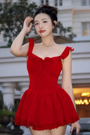 Low-Neck Little Black Dress for Women - Hepburn Style A-Line with Ruffled Hem, Lace Trim, and Pleated Short Skirt