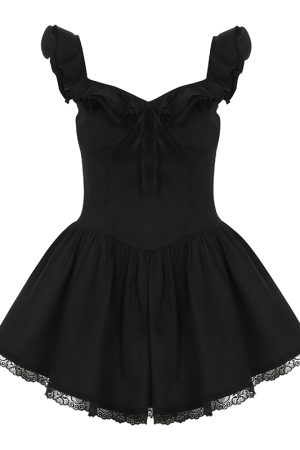 Low-Neck Little Black Dress for Women - Hepburn Style A-Line with Ruffled Hem, Lace Trim, and Pleated Short Skirt