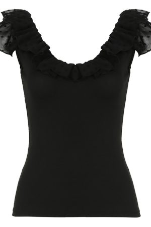 Low-Neck Ruffled Backless Short Tank Top for Women with Flutter Sleeves - Romantic French Vacation Style, Slim Fit