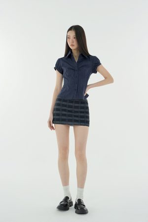 Low-Waist Deep Blue Vintage Plaid Skirt - Anti-Exposure Design for Y2K Style Fashion